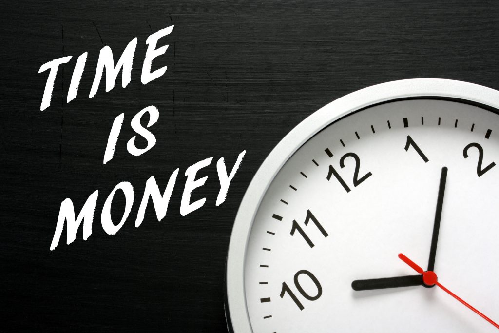 Time Is Money concept with a clock and blackboard