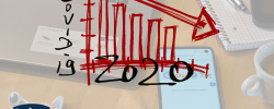 Graphic with down arrow. Laptop and cellphone in background